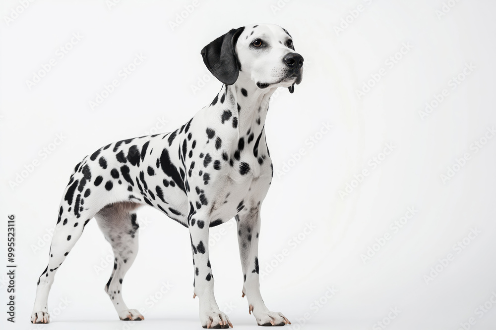 A black and white dog with white spots stands in front of a white background A black and white dog with white spots stands in front of a white background