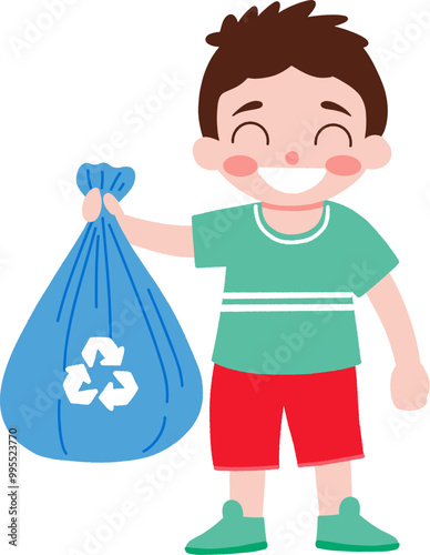 Illustration of happy boy holding recycling bag