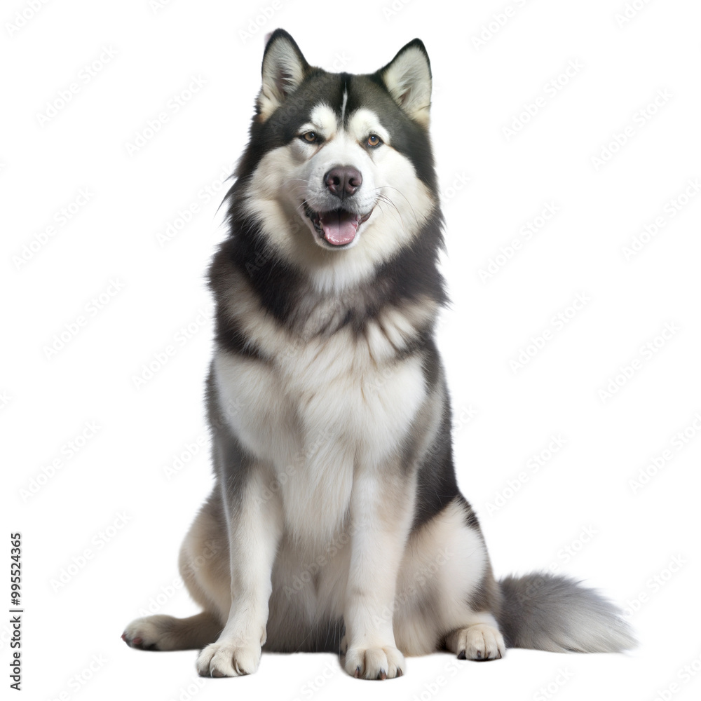 A happy, friendly Alaskan Malamute sitting, showcasing its thick fur and bright eyes against a isolated on a transparent or white background. A happy, friendly Alaskan Malamute sitting, showcasing its thick fur and bright eyes against a isolated on a transparent or white background.