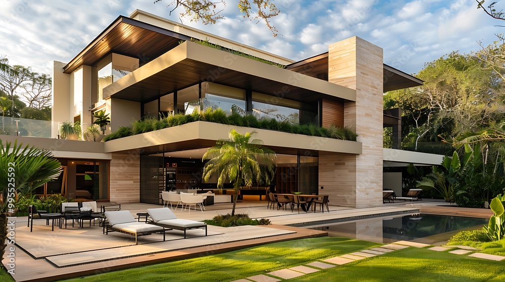 Fototapeta premium Modern house exterior with garden and beautiful landscaping
