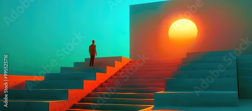 Silhouette of a man walking up a staircase towards a large, bright orange sun. A concept of ambition, aspiration, and the pursuit of goals.