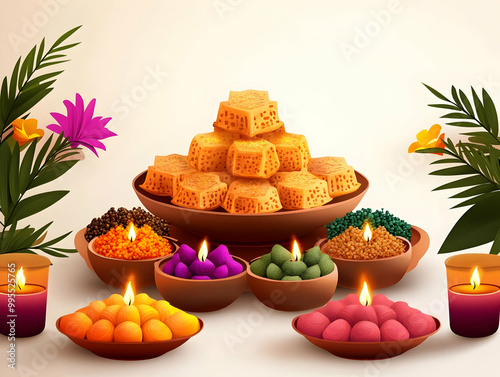 Vibrant Flat Glossy Bhai Dooj Background with Decorative Plate Concept Featuring Tika and Sweets - Festive Spirit Illustration photo