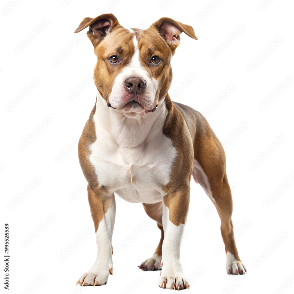 A strong and loyal American Staffodshire terrier dog breed standing confidently against a transparent or white isolated background. A strong and loyal American Staffodshire terrier dog breed standing confidently against a transparent or white isolated background.