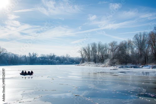 Winter ice fishing on a serene river, with four individuals sitting on frozen ground surrounded by frost-covered trees under a bright blue sky photo