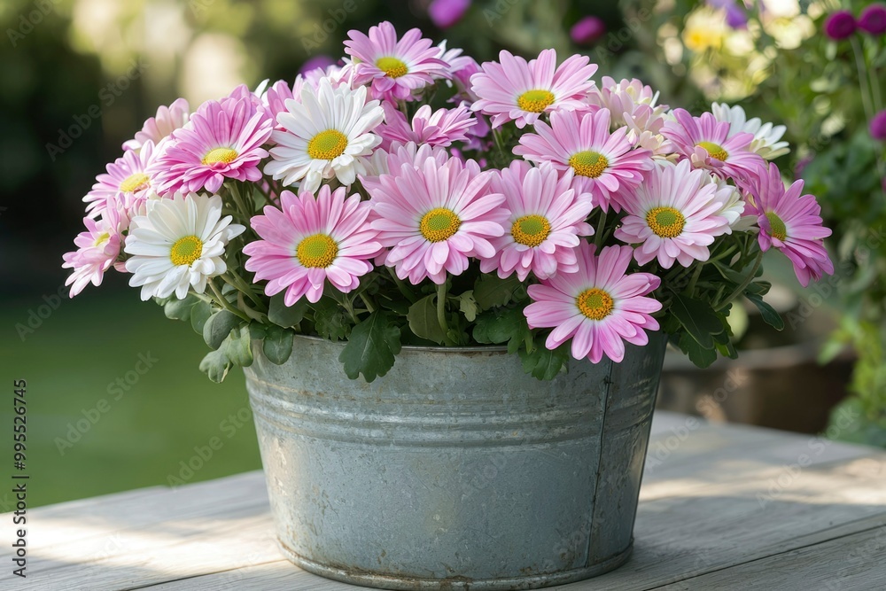 Pink and White Daisies in a Rustic Metal Bucket