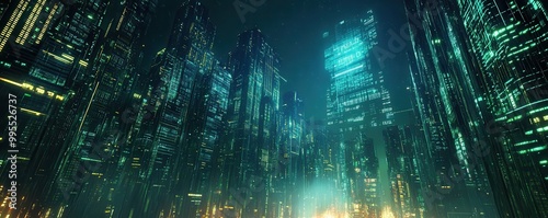 Futuristic cityscape at night with towering skyscrapers and glowing lights in a high-tech urban environment