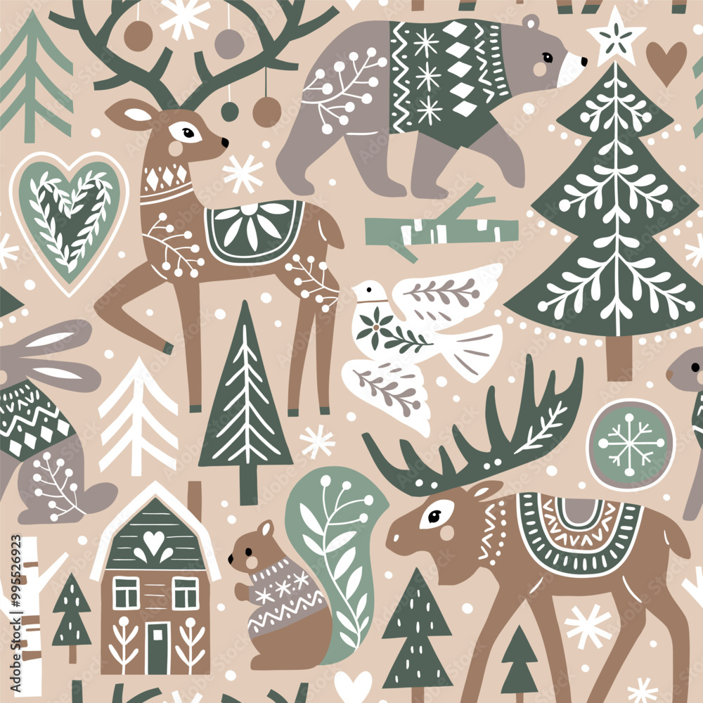 Fototapeta premium Seamless vector pattern with cute woodland animals, woods and snowflakes. Nordic forest illustration. EPS 10 vector file. Perfect for textile, wallpaper or print design.