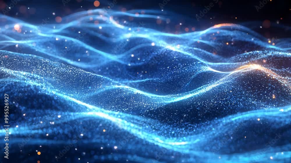 A blue wave with orange sparks in the background. The blue wave is very smooth and the orange sparks are scattered throughout the image A blue wave with orange sparks in the background. The blue wave is very smooth and the orange sparks are scattered throughout the image