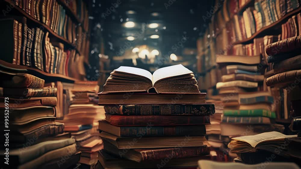 stack of books with rows of bookshelfs in library paper old archive education retro concept animation video loop