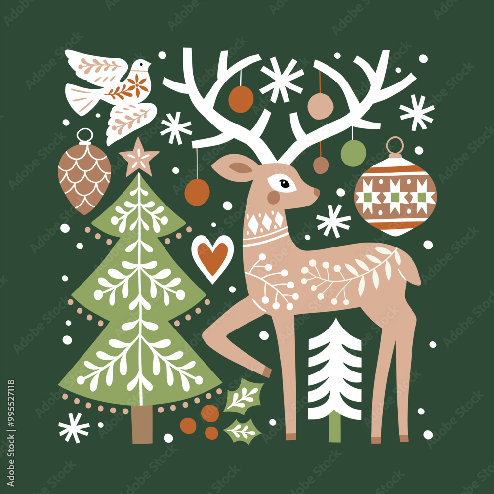 Naklejka premium Scandinavian Christmas illustration with cute woodland deer, woods and snowflakes. Hand drawn Nordic forest illustration. Perfect for tee shirt logo, greeting card, poster or print design.