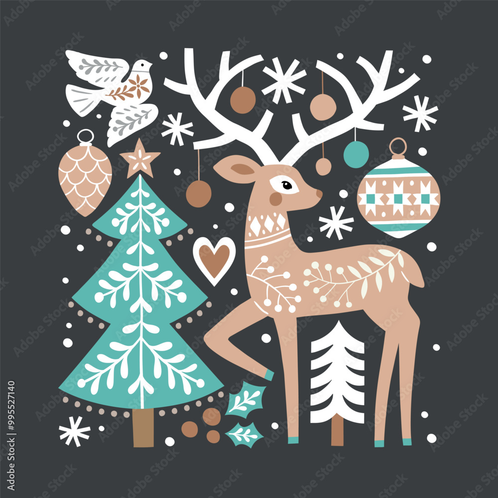 Obraz premium Scandinavian Christmas illustration with cute woodland deer, woods and snowflakes. Hand drawn Nordic forest illustration. Perfect for tee shirt logo, greeting card, poster or print design.
