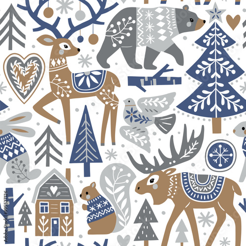 Seamless vector pattern with cute woodland animals, woods and snowflakes. Nordic forest illustration. EPS 10 vector file. Perfect for textile, wallpaper or print design.