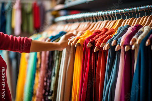 Customer browsing vibrant clothing options suitable for different skin tones in a store photo