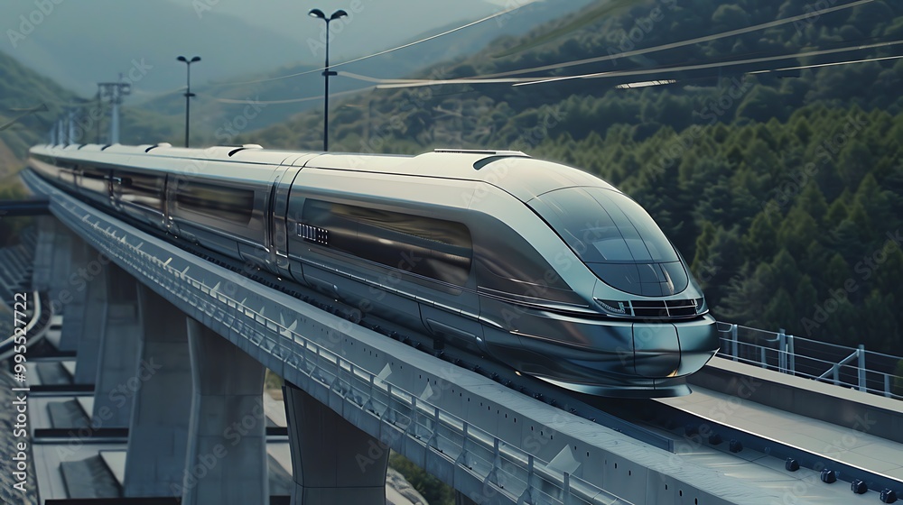 Naklejka premium Modern high-speed train traverses a scenic mountain landscape, showcasing the power and speed of modern transportation.