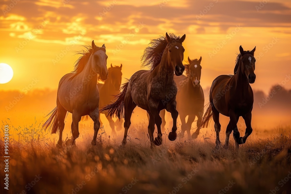 Herd of horses galloping through a sunlit meadow during golden hour, showcasing the beauty of nature and equine movement in a vibrant landscape Herd of horses galloping through a sunlit meadow during golden hour, showcasing the beauty of nature and equine movement in a vibrant landscape