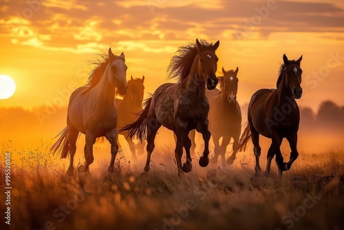 Herd of horses galloping through a sunlit meadow during golden hour, showcasing the beauty of nature and equine movement in a vibrant landscape