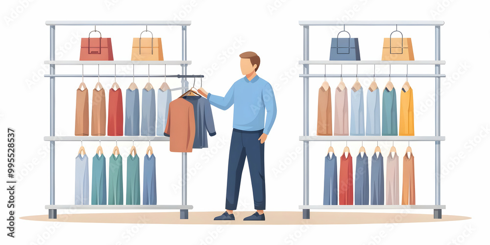 Flat Candid Shopper Excitedly Searching for Clearance Deals in Retail Store - E-Commerce Marketing Concept Illustration Flat Candid Shopper Excitedly Searching for Clearance Deals in Retail Store - E-Commerce Marketing Concept Illustration
