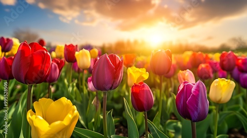 Bright and colorful tulip field in full bloom under the sun. Perfect for spring, floral, and nature-themed designs.