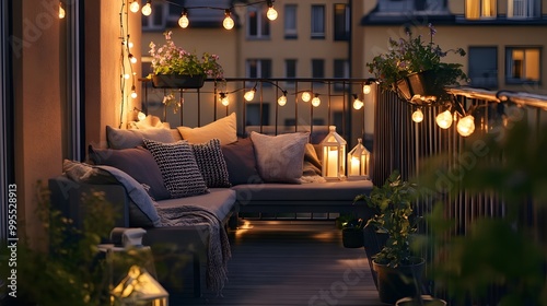 A Scandinavian-style balcony adorned with cozy outdoor furniture, string lights, and potted plants creates an inviting atmosphere for relaxation in the evening