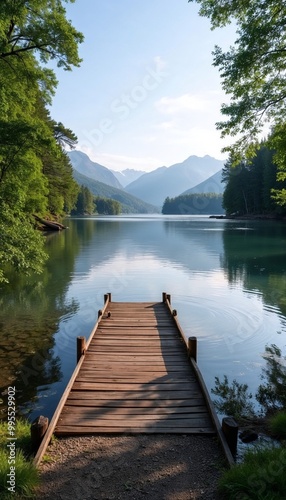 Scenic view of a tranquil lake with a wooden pier and surrounding mountains under a clear sky