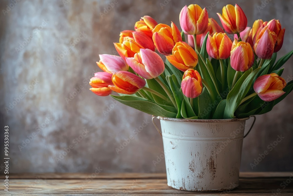 A Bouquet of Orange and Pink Tulips in a Rustic White Bucket A Bouquet of Orange and Pink Tulips in a Rustic White Bucket