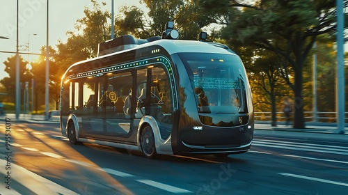 Futuristic bus drives on a city street. The bus has a modern design and is likely autonomous or electric. It represents a vision of the future of transportation.