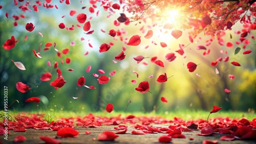 Red petals are falling from a tree on a sunny day in the park creating a romantic atmosphere