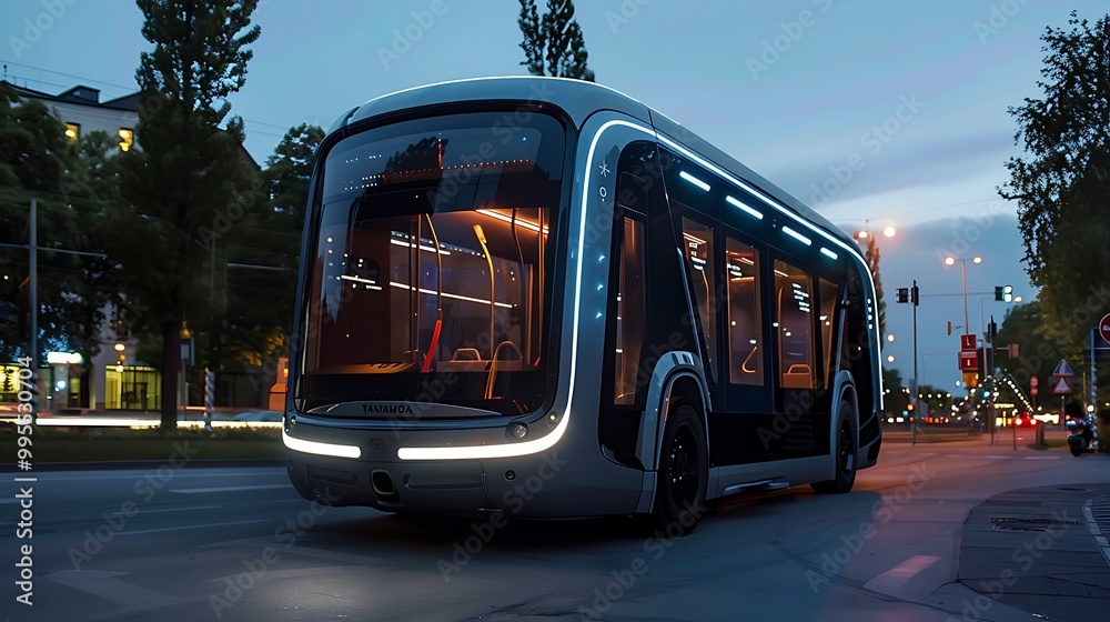Fototapeta premium Futuristic bus design concept with sleek lines and modern technology, illuminated against the cityscape at night.