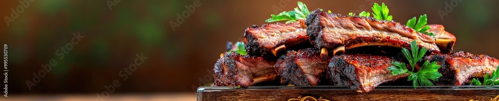 Indulge in this mouthwatering display of grilled ribs, garnished with fresh herbs. Perfect for family gatherings, barbecues, or restaurant menus. Indulge in this mouthwatering display of grilled ribs, garnished with fresh herbs. Perfect for family gatherings, barbecues, or restaurant menus.