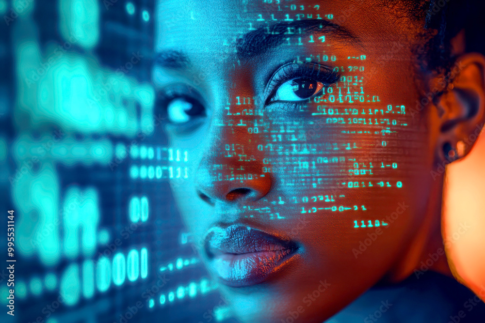 AI cyber security threat, female african american IT specialist analysing futuristic holographic data information. blue and orange colour, sugmented reality artificial intelligence concept banner. AI cyber security threat, female african american IT specialist analysing futuristic holographic data information. blue and orange colour, sugmented reality artificial intelligence concept banner.