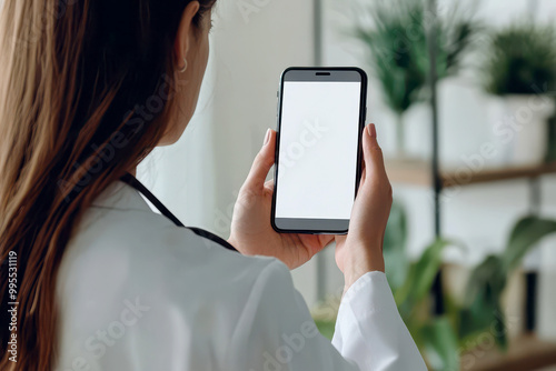 Aged female general practitioner holding modern smart phone in hands, close up screen view with white mock up, doctor working on-line, making calls, check schedule, jotting information, takes notes photo