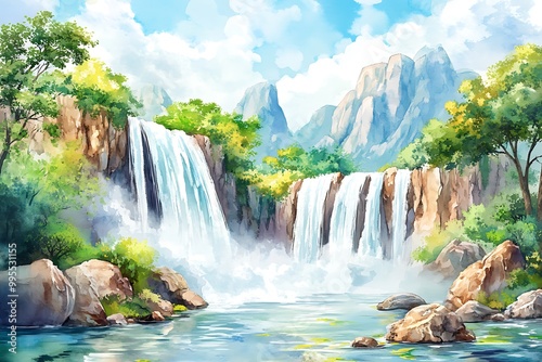 Mountain cliff tree, and water flowing below, isolated
