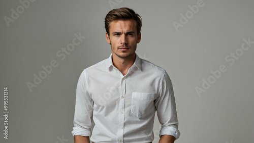 Confident and Composed: Portrait of a young man in a crisp white shirt, exuding confidence and professionalism.