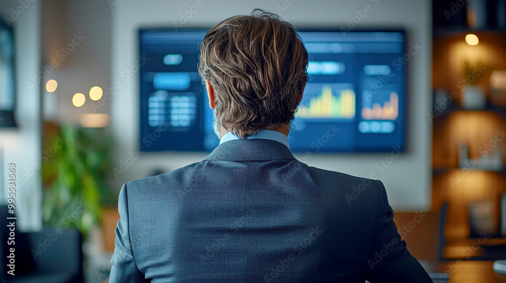 A man analyzes stock market trends, with vibrant graphs displayed on a digital screen, reflecting modern finance and technology.