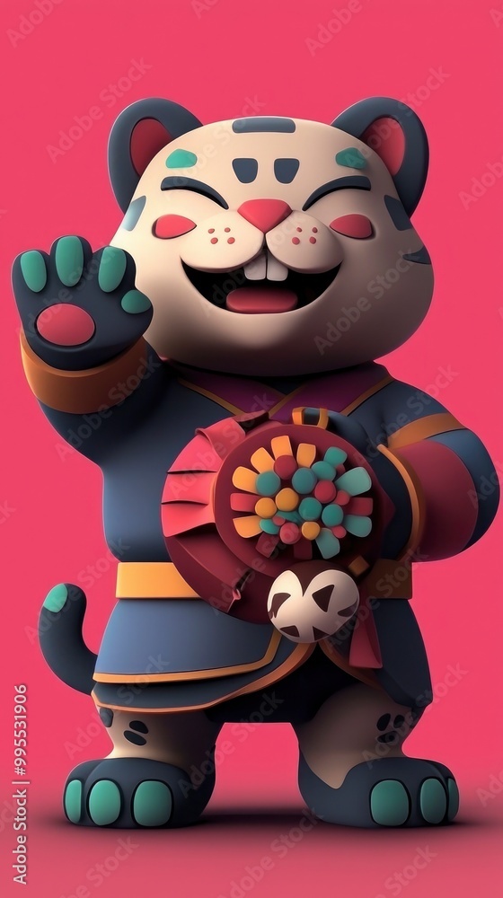 Naklejka premium Cheerful Cartoon Tiger Holding a Bouquet