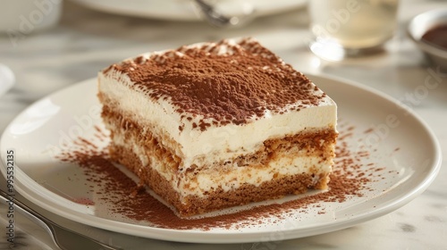 A decadent and indulgent slice of tiramisu, with layers of espresso-soaked ladyfingers and a rich, creamy mascarpone filling