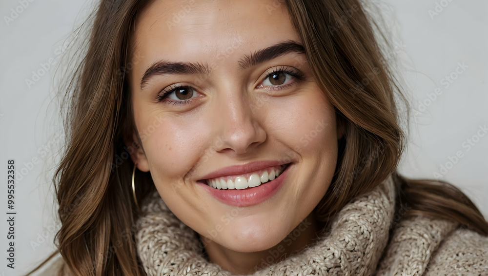 Radiant Smile, Winter Warmth: A young woman with long brown hair beams a radiant smile, wrapped in a cozy beige turtleneck sweater. Her beauty shines through in this close-up portrait. Radiant Smile, Winter Warmth: A young woman with long brown hair beams a radiant smile, wrapped in a cozy beige turtleneck sweater. Her beauty shines through in this close-up portrait.