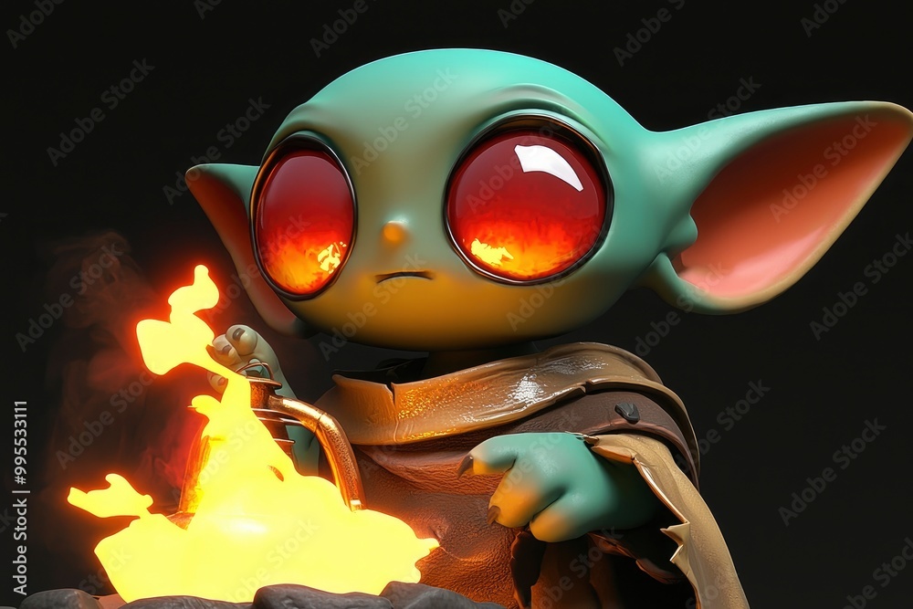 Fototapeta premium Adorable Green Alien with Large Red Eyes by Fire
