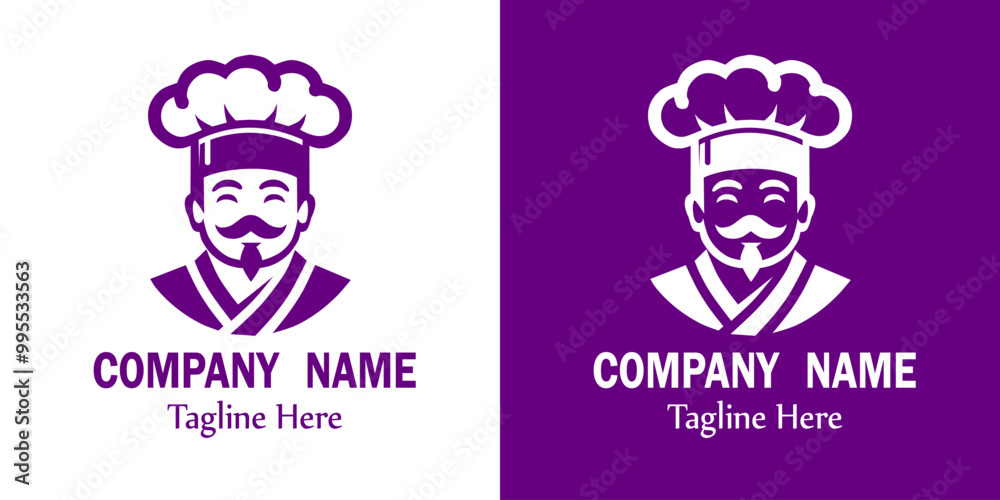 Illustration of a smiling chef with a distinctive goatee and mustache, wearing a traditional Japanese, Chinese, Korean chef's hat and uniform. Suitable for brand logos related to food, restaurants Illustration of a smiling chef with a distinctive goatee and mustache, wearing a traditional Japanese, Chinese, Korean chef's hat and uniform. Suitable for brand logos related to food, restaurants