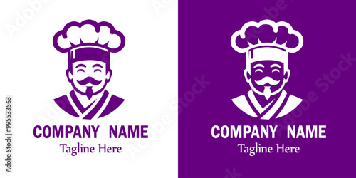 Illustration of a smiling chef with a distinctive goatee and mustache, wearing a traditional Japanese, Chinese, Korean chef's hat and uniform. Suitable for brand logos related to food, restaurants