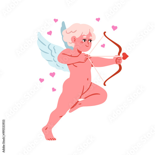Cute Cupid cherub shooting heart, love arrow with bow. Angel character with romantic arch for Happy Valentine s Day, wedding. Baby boy with wings. Flat vector illustration isolated on white background