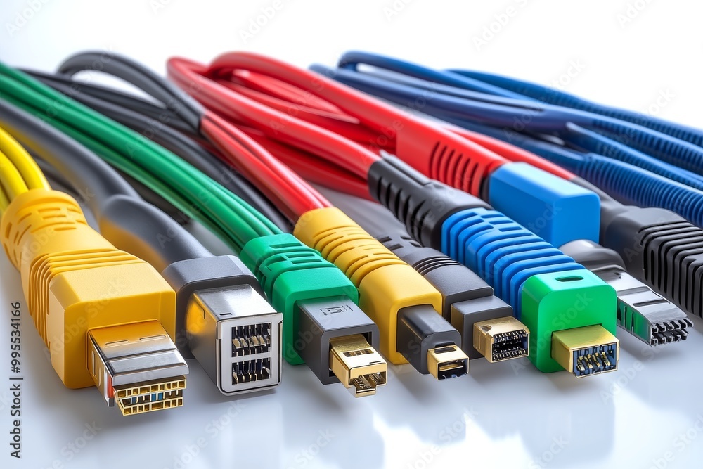 Set of colorful VGA HDMI and USB cables laid out on a white surface symbolizing versatile multimedia connectivity for digital devices
