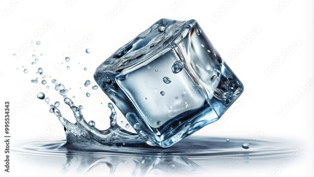 Large ice cube is shown splashing into water, making ripples and droplets