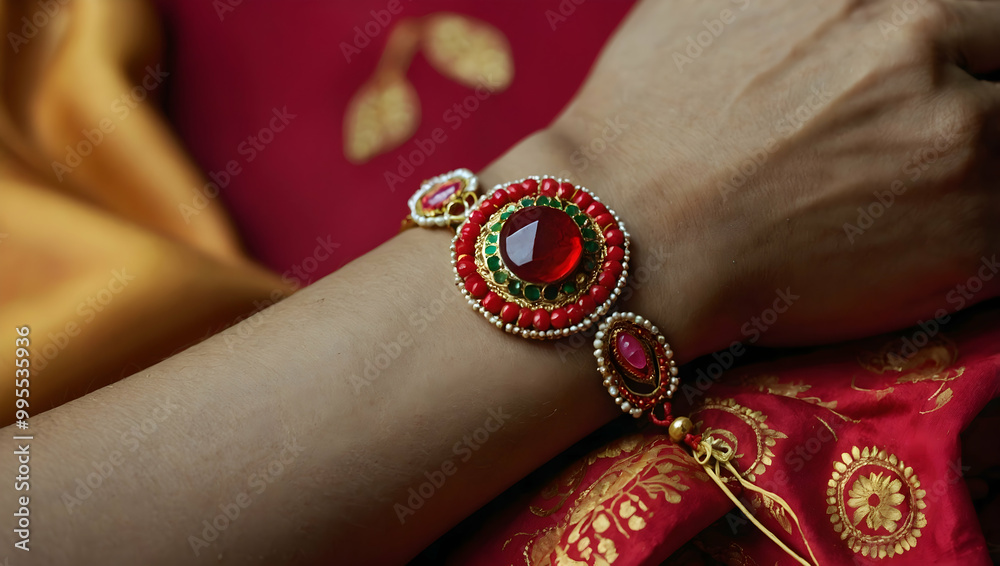 Radiant Red Bracelet: A close-up showcasing an exquisite handcrafted bracelet adorned with vibrant red and green gemstones, resting elegantly on a woman's wrist against a rich red fabric background. Radiant Red Bracelet: A close-up showcasing an exquisite handcrafted bracelet adorned with vibrant red and green gemstones, resting elegantly on a woman's wrist against a rich red fabric background.