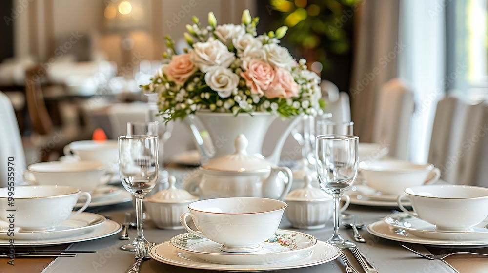 Fototapeta premium Elegant Table Setting with White China Roses and Glassware