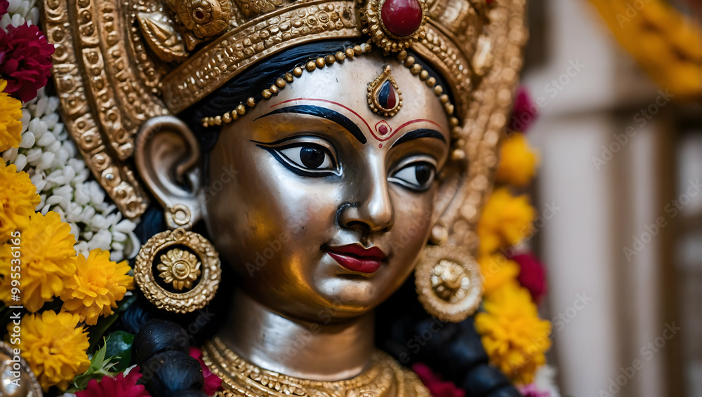 Goddess Durga: A close-up portrait of the Hindu goddess Durga, adorned with intricate jewelry and flowers. The image evokes a sense of reverence and spirituality. Goddess Durga: A close-up portrait of the Hindu goddess Durga, adorned with intricate jewelry and flowers. The image evokes a sense of reverence and spirituality.
