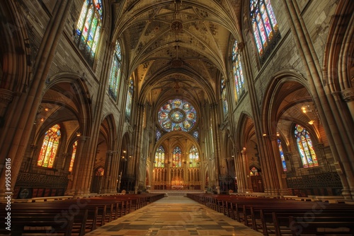 A stunning medieval cathedral interior with colorful stained-glass windows illuminating the tranquil space during sunset