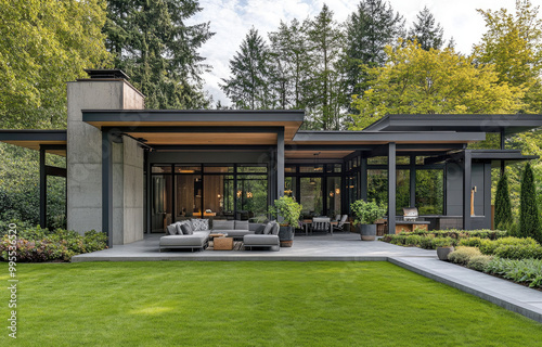 the exterior of a modern and sleek home, with large windows, a covered patio area with seating for four people and outdoor furniture