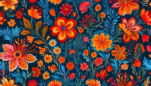 Vibrant bohemian pattern with intricate floral and leaf motifs in shades of red, orange, blue, and green against a dark background