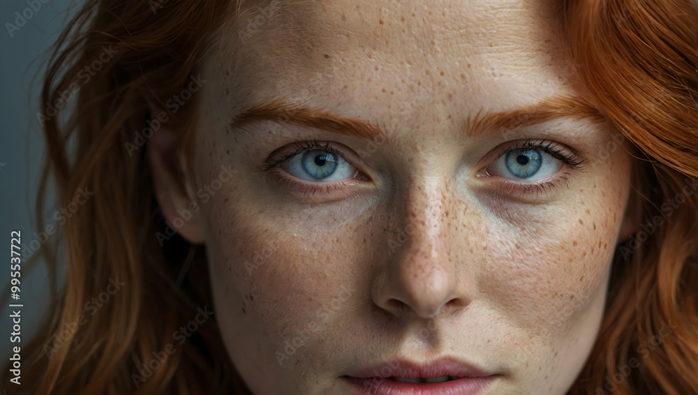 Fototapeta premium Intriguing Gaze: Close-up portrait of a woman with striking blue eyes, soft freckles, and vibrant auburn hair, capturing a moment of quiet contemplation and captivating beauty. 